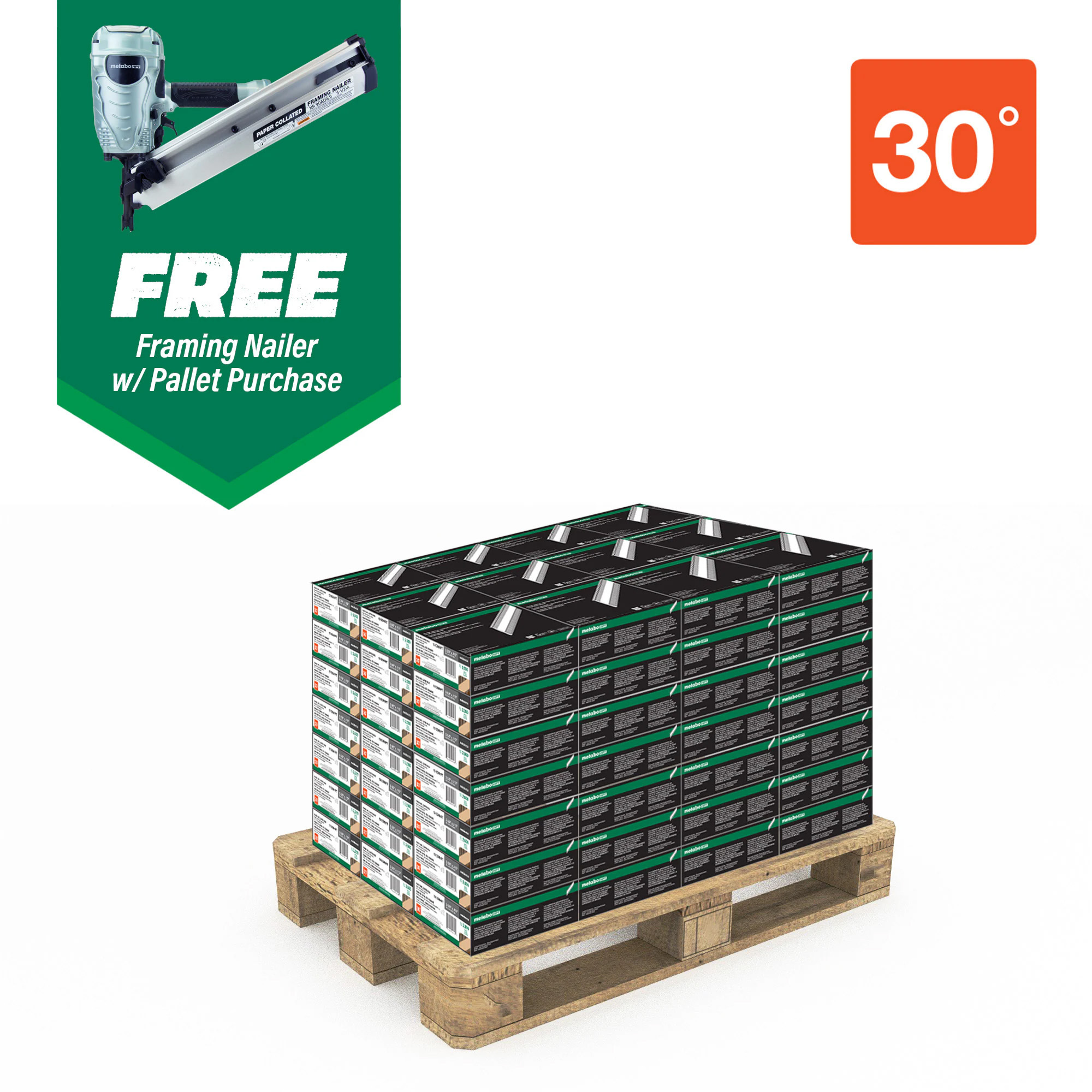 Metabo HPT Framing Nails — 3 1/4in. x .131, 30° Smooth Shank, Clipped Head, Bright Finish, Includes Free Pneumatic Framing Nailer, Model# 15110NR90ADS1M